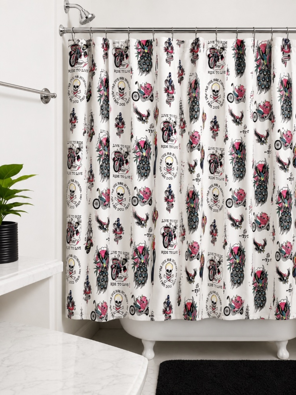 New Ed Hardy Motorcycle Skull Shower Curtain Set 72x72 PEVA Liner 12 Hooks
